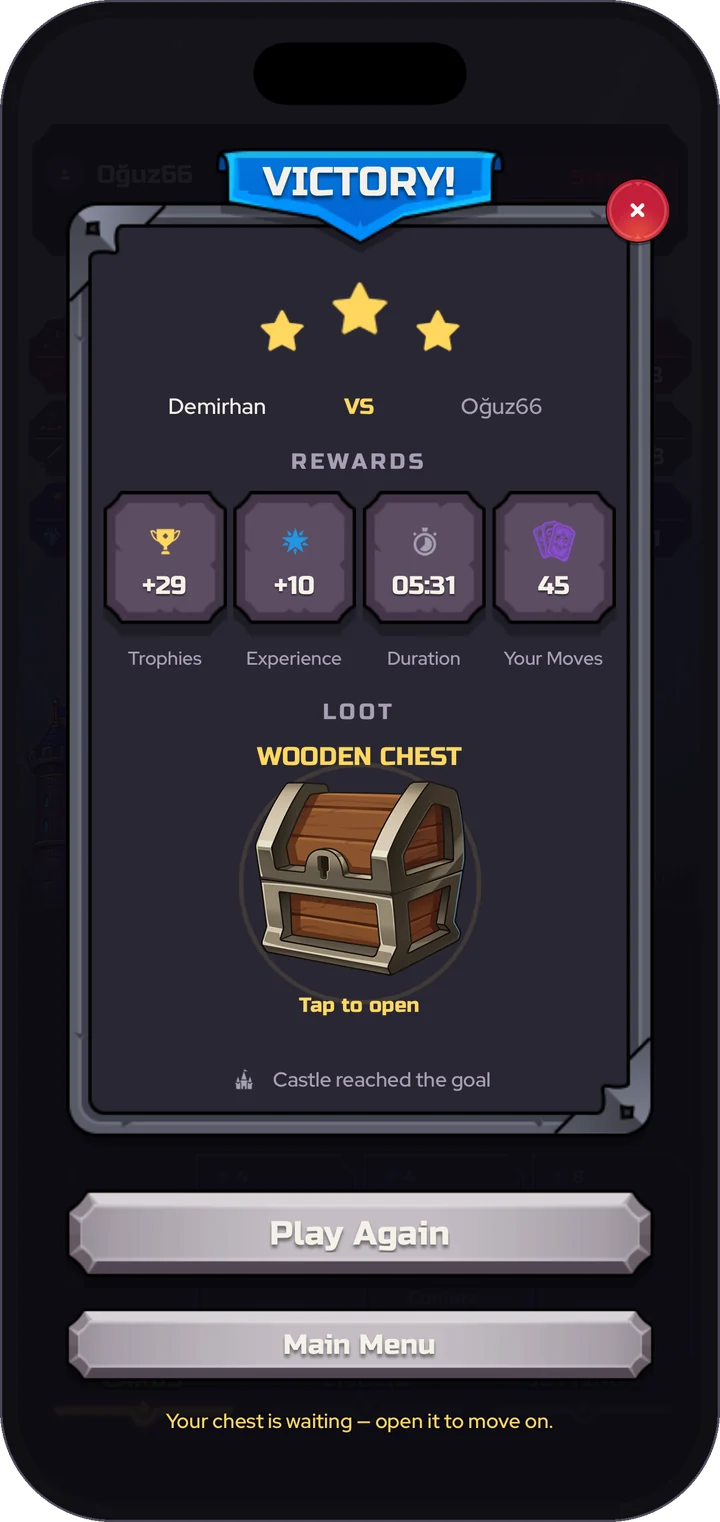 Victory screen: three stars, the trophies and experience earned, and a chest waiting to be opened