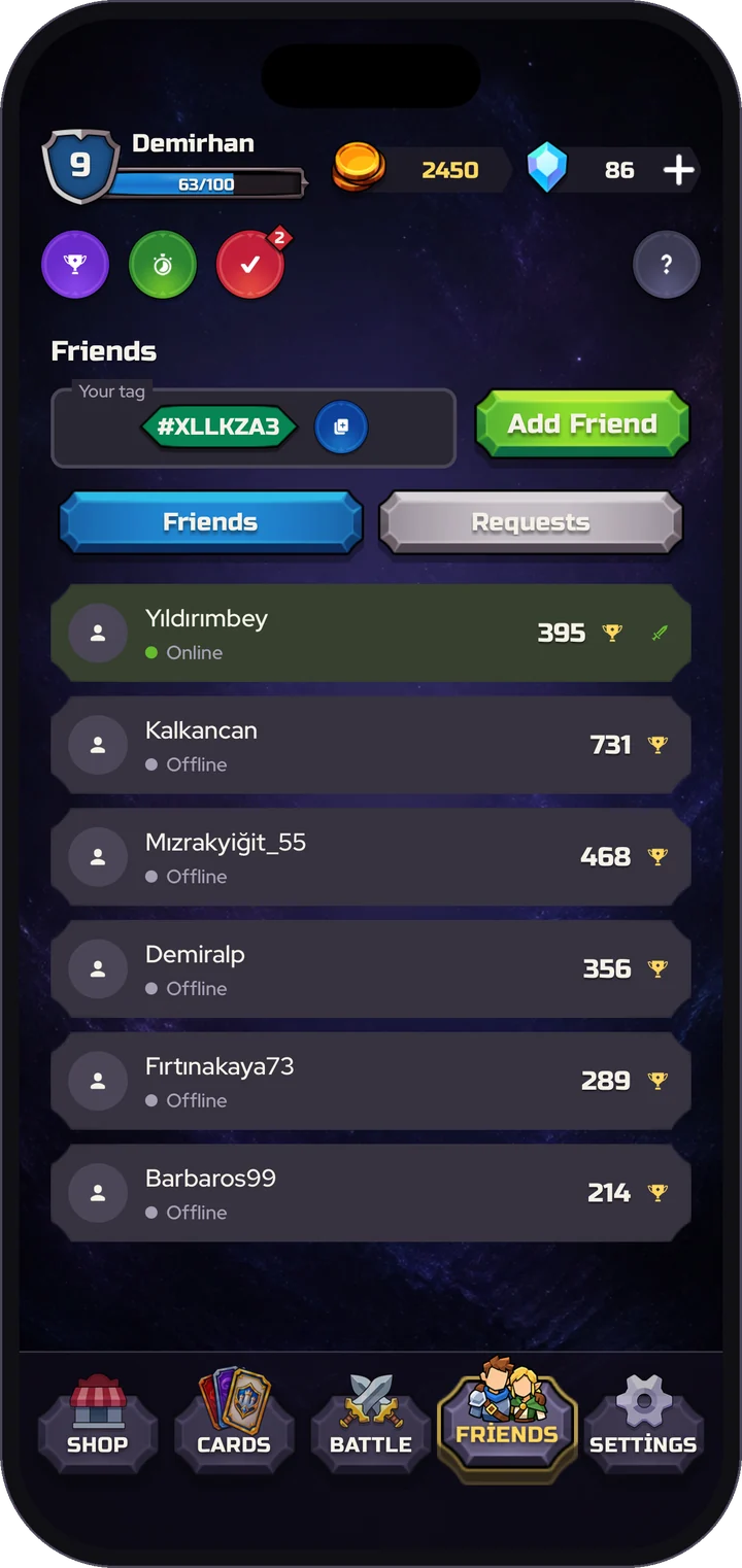 Friends list screen with one friend online